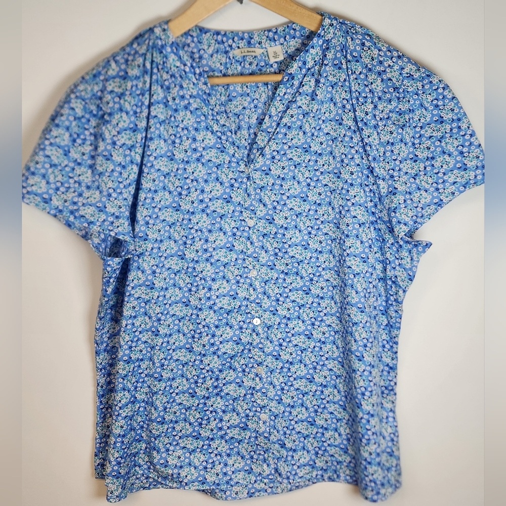 L.L. Bean 100% Cotton Floral Button Short Sleeve Blouse XL